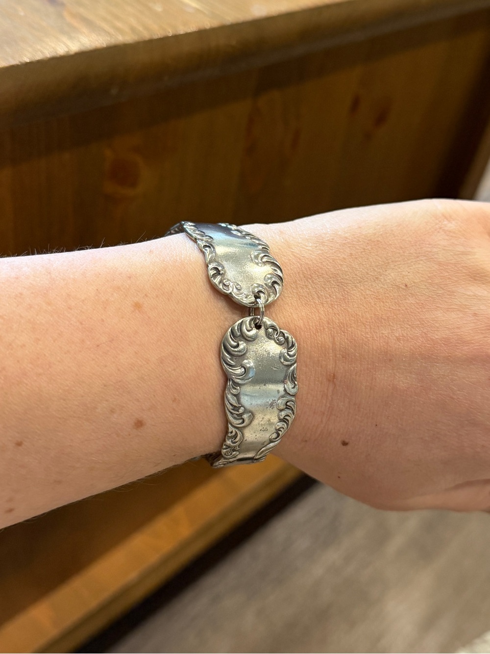 Vintage Silver-Tone Spoon Bracelet - Ornate Scroll Design